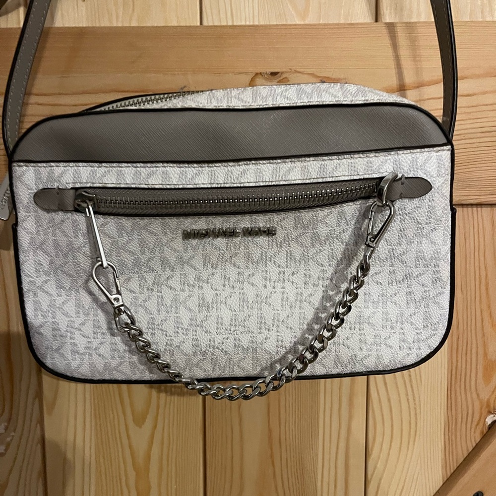 Michael Kors Gray and White Messenger Bag with Monogram Pattern